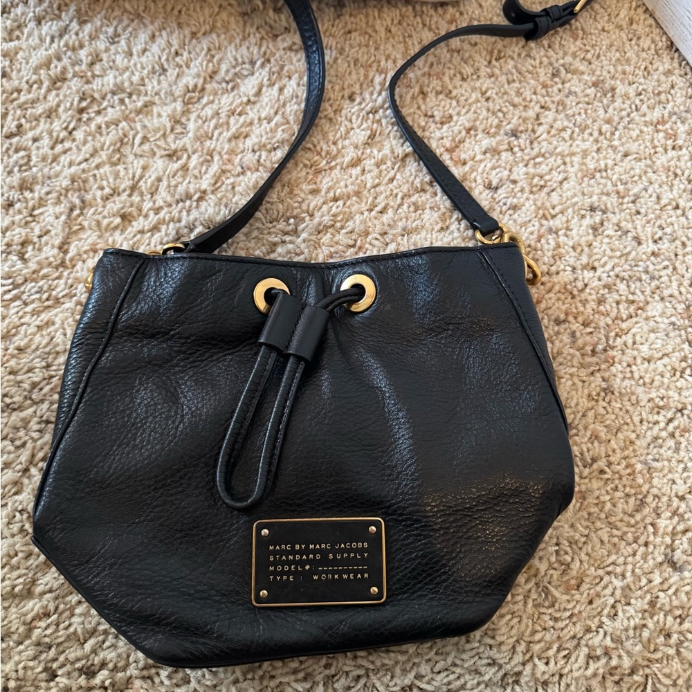 Marc Jacobs Black Leather Crossbody Bag with Gold Accents